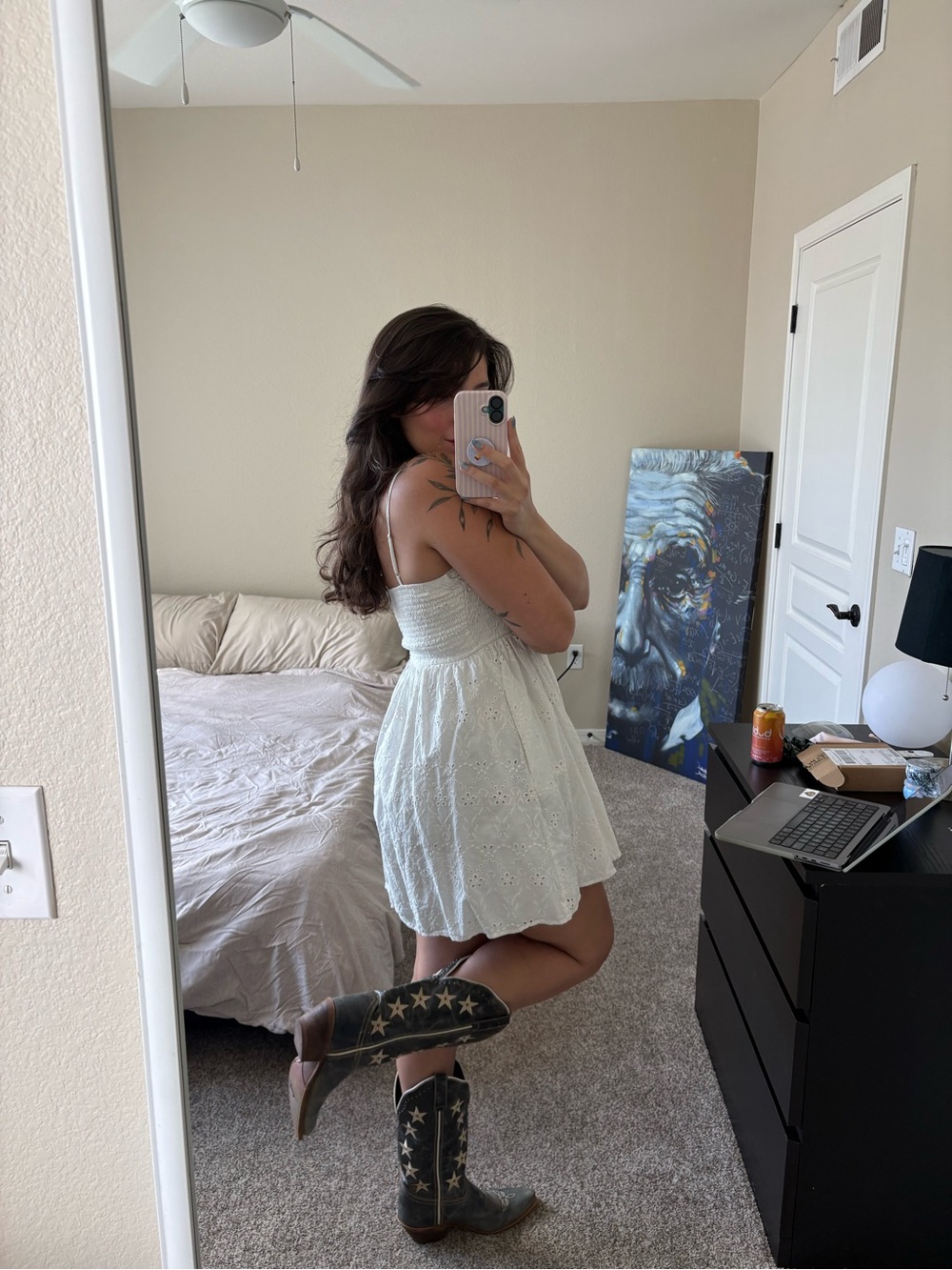 White Eyelet Mini Dress with Tie Front - Picture 3 of 11